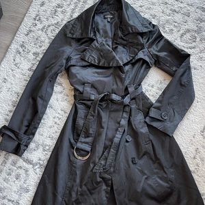 Bebe Black Satin Cotton Trench Coat, size XS